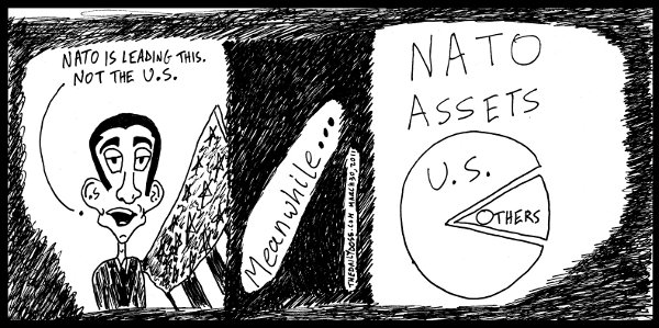 cartoon comic strip featuring president obama defending us 
position and nato leadership on libya war , from laughzilla for thedailydose.harari.org