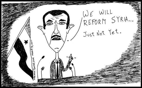 cartoon comic strip featuring president assad of syria promising 
reform again , from laughzilla for thedailydose.harari.org