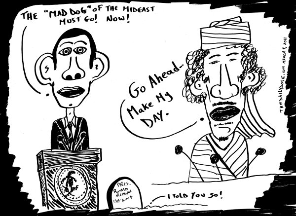 cartoon about 
lybian leader president obama muammar ghaddafi and ronald reagan , from laughzilla for thedailydose.harari.org