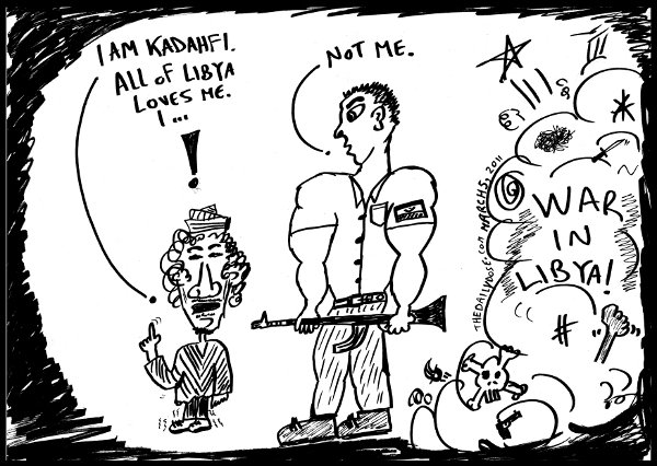 cartoon 
about lybian leaer muammar ghaddafi vs. the people of Libya , from laughzilla for thedailydose.harari.org