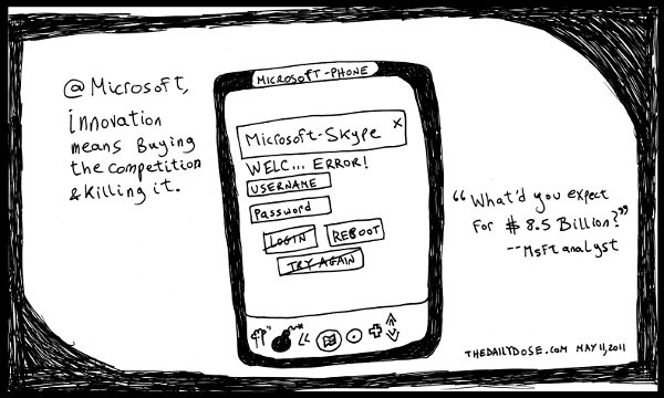 cartoon comic strip featuring microsoft skype $8.5 Billion deal , from 
laughzilla for thedailydose.harari.org