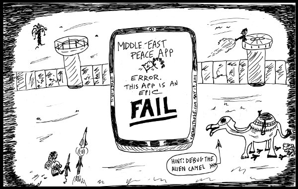 political cartoon panel featuring middle east peace app epic fail 
line drawing satire parody art ink on paper 2011 may 16 , from laughzilla for thedailydose.harari.org