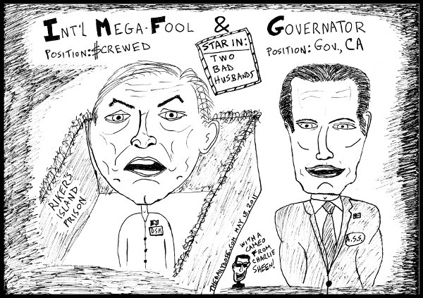 political cartoon panel featuring dominique strauss kahn aka dsk 
and arnold the governator schwarzenegger and charlie sheen star in two bad husbands line drawing satire parody art ink on paper 2011 may 18 , from laughzilla for thedailydose.harari.org