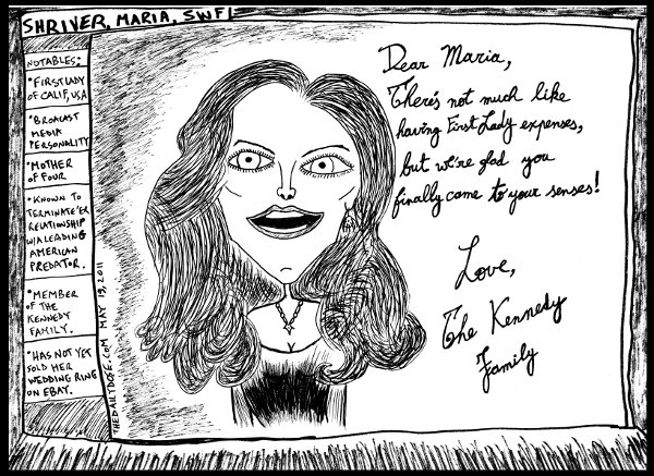 political cartoon panel featuring maria shriver kennedy 
schwarzenegger in line drawing relationship satire cyberculture parody art ink on paper 2011 may 19 , from laughzilla for thedailydose.harari.org