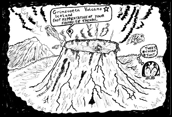 editorial cartoon panel featuring iceland volcano grimsvoetn 
culture parody cyberculture trend line drawing art ink on paper 2011 may 23 , from laughzilla for thedailydose.harari.org