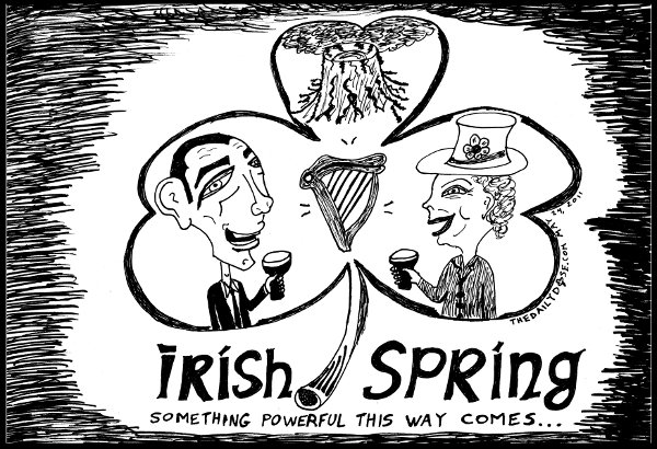 political cartoon panel featuring iceland volcano grimsvoetn 
president obama and queen elizabeth the second as powers in the irish spring air news culture parody trend line drawing art ink on paper 2011 may 24 , from laughzilla for thedailydose.harari.org