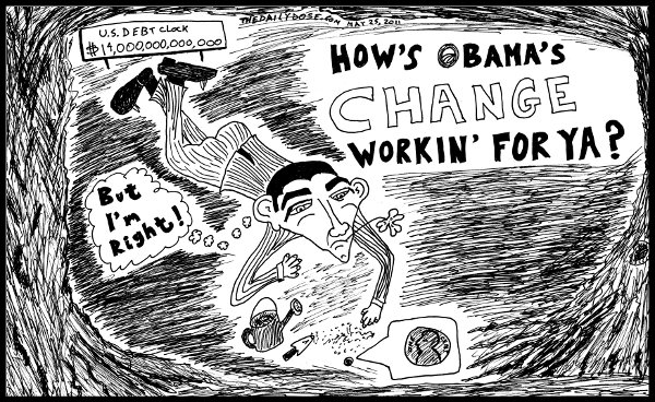 political cartoon panel featuring president obama and 
obamanomics ecomony business politics news culture parody trend line drawing art ink on paper 2011 may 25 , from laughzilla for thedailydose.harari.org