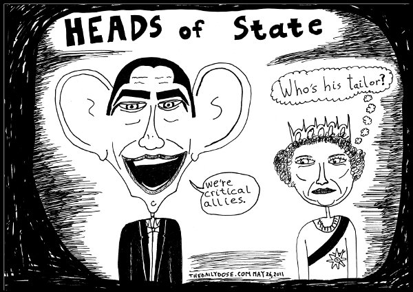 political cartoon panel parody of president obama and 
queen elizabeth 2 at a black tie event politics news culture parody trend line drawing art ink on paper 2011 may 26 , from laughzilla for thedailydose.harari.org