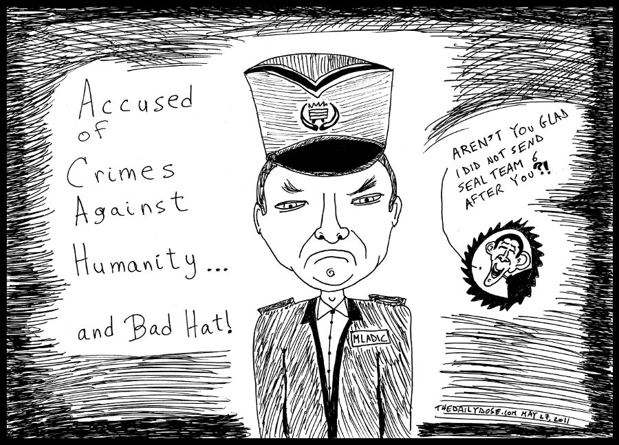 political cartoon panel parody of radko mladic the serbian accused of war 
crimes during the 1990s and president obama rubbing in that he should be glad seal team 6 did not get to him. news satire culture parody line drawing art ink on paper 2011 may 27 , from laughzilla for thedailydose.harari.org