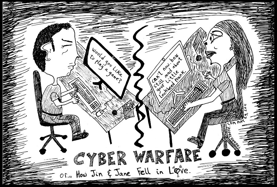 political cartoon panel parody of china u.s. cyber war 
lockheed martin attack news satire cyberculture relationship parody line drawing art ink on paper 2011 may 28 , from laughzilla for thedailydose.harari.org