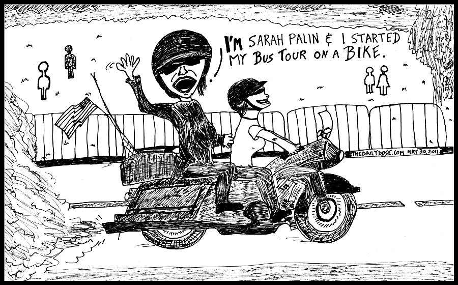 political cartoon panel parody of u.s.  political figure 
sarah palin starting a bus tour on a motorbike in washington, dc on memorial day news satire americana biker culture parody line drawing art ink on paper 2011 may 30 , from laughzilla for thedailydose.harari.org