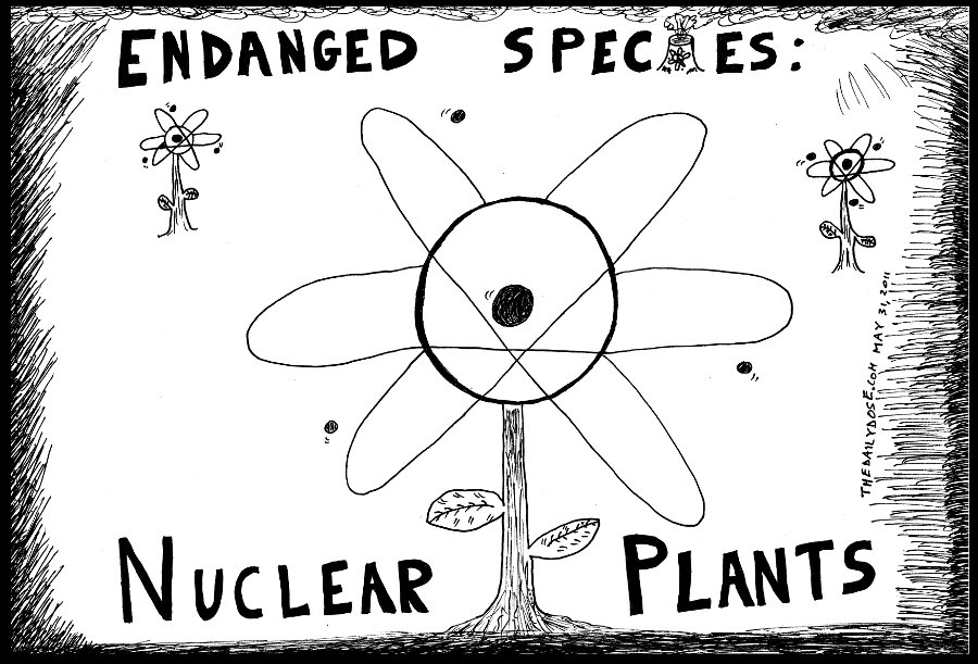 political cartoon panel parody of germany political decision 
to shut down all of its nuclear power plants by 2022 news satire european environmentalist green culture line drawing art ink on paper 2011 may 31 , from laughzilla for thedailydose.harari.org