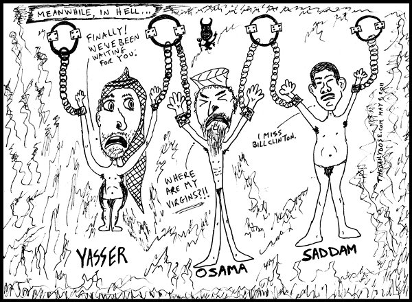 cartoon comic strip featuring 
laughzilla satirizing yasser arafat saddam hussein and osama bin-laden in hell , from laughzilla for thedailydose.harari.org