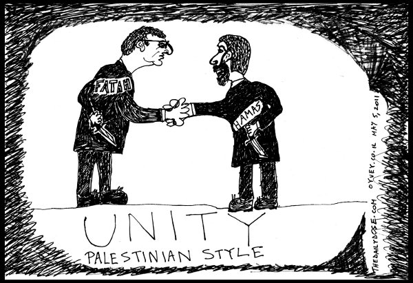 cartoon comic strip featuring fatah president mahmoud abbas 
shaking hands with HAMAS leader Khaled Mashaal while holding knives behind their backs , from laughzilla for thedailydose.harari.org